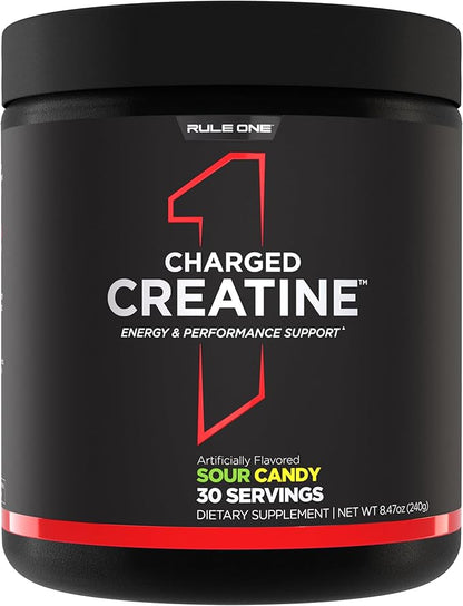 Rule 1 Charged Creatine - Multi-Function Workout Supplement with Creatine, Electrolyte, and Energy Blends for Intensity, Performance, & Hydration Support (30 Servings, Sour Candy)