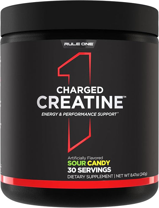 Rule 1 Charged Creatine - Multi-Function Workout Supplement with Creatine, Electrolyte, and Energy Blends for Intensity, Performance, & Hydration Support (30 Servings, Sour Candy)