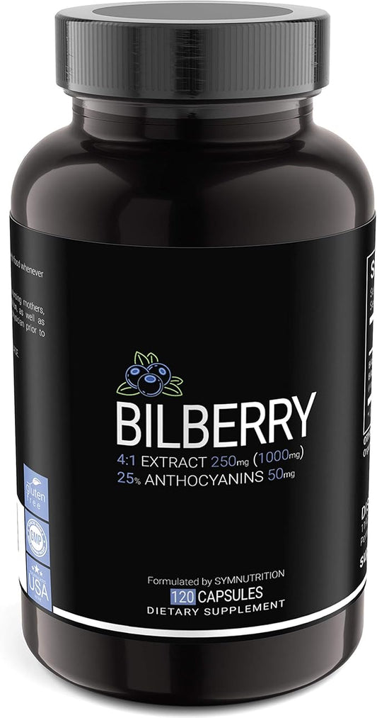 Bilberry Extract 1000mg, 25% Anthocyanins 50mg - 120 Count (V-Capsules) / 120 Servings; European Blueberry: Manufactured in a cGMP-Registered Facility in USA; Vegan & Gluten Free