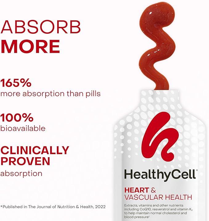 Healthycell Heart & Vascular Health Daily Liquid Supplement - Blood Pressure & Cholesterol Support with Beet Root Powder, Resveratrol, CoQ10, Omega-3 & Vitamin K - 14 Gel Packs
