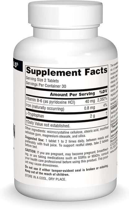 Source Naturals L-Tryptophan with Vitamin B-6 1000 mg Support Mood, Relaxation And Sleep - 60 Tablets