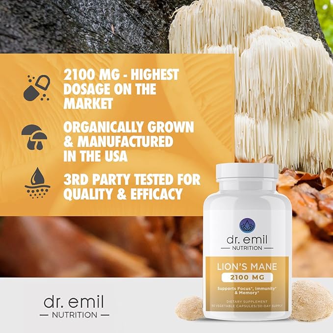 DR. EMIL NUTRITION 2100mg Organic Lions Mane Supplement Capsules - Focus, Mental Clarity & Cognition - Nootropic Lion's Mane Mushroom Supplement with Organic Lions Mane