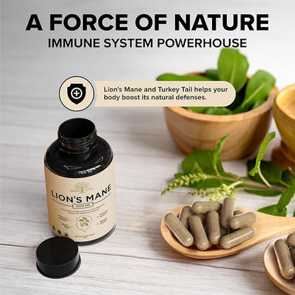 Lions Mane Supplement Capsules with Turkey Tail – Nootropic Brain Fog, Focus, Memory, Nerve Function, & Immune Support Supplement – Non-GMO 1200 Mg Lions Mane Mushroom Supplement, 120 Caps.