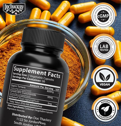 Turmeric Curcumin, with BioPerine, 650mg, Capsules - 95% Curcuminoids, Black Pepper Fruit Extract, Maximum Absorption - High Potency Turmeric Supplement - (60 Count Bottle)