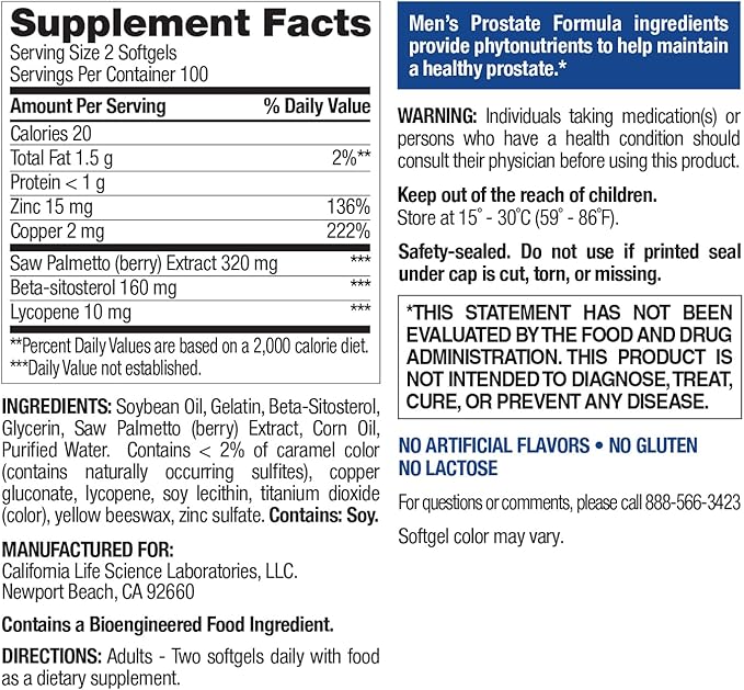 Nature's Wonder Men's Prostate Formula with Saw Palmetto, Beta-Sitosterol & Lycopene, 200 Softgels, 100 Days Supply