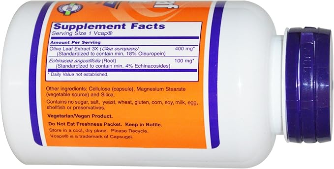 Now Foods Olive Leaf Extract with Echinacea, 100 caps / 500mg (Pack of 2)