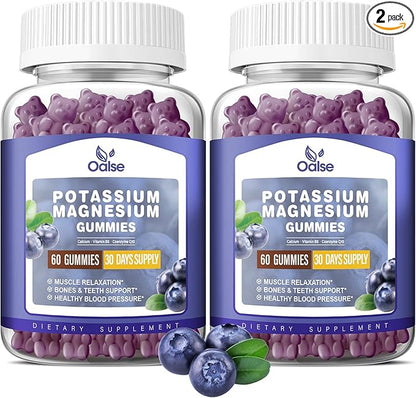 Potassium Magnesium Gummies for Adults Kids, High Absorption Potassium Citrate 99mg Magnesium Citrate 400mg, Chewable Gummy Supplements for Leg Cramps & Heart Health Blueberry 60 Count(Pack of 2)