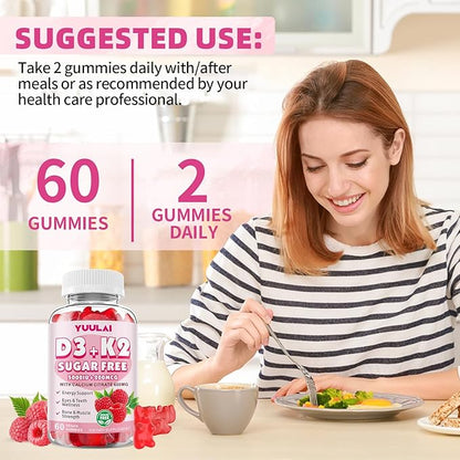 Vitamin D3 K2 Gummies, D3 Vitamin 5,000 IU + K2 200mcg - Vegan K2 D3 Vitamin Supplement, Highly Absorbent Supports Bone, Muscle, Immune, Raspberry, 60 Count