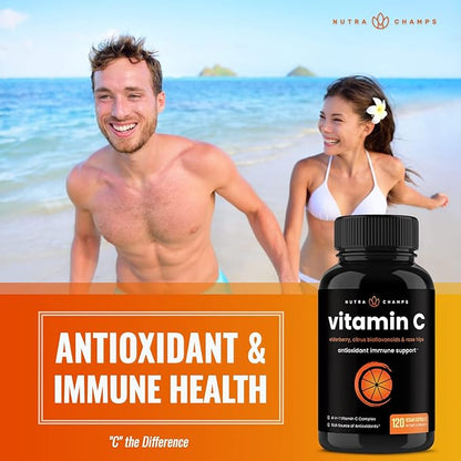 NutraChamps (2 Pack) Vitamin C 1000mg with Elderberry, Citrus Bioflavonoids & Rose HIPS - 120 Capsules Vegan, Non-GMO Antioxidant Supplement for Immune Health & Collagen Production 500mg Powder Pills