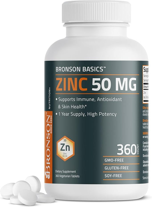 Bronson Zinc 50 MG High Potency One Year Supply Supports Immune, Antioxidant & Skin Health - Non-GMO, 360 Vegetarian Tablets