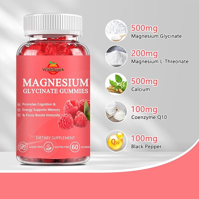 Magnesium Glycinate Gummies 500mg - Sugar Free Chelated Magnesium Potassium Supplement with Vitamin D, B6, CoQ10 for Relaxation, Calm Mood & Sleep Support - 60 Raspberry Magnesium Gummies