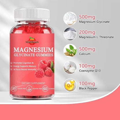 Magnesium Glycinate Gummies 500mg - Sugar Free Chelated Magnesium Potassium Supplement with Vitamin D, B6, CoQ10 for Relaxation, Calm Mood & Sleep Support - 60 Raspberry Magnesium Gummies