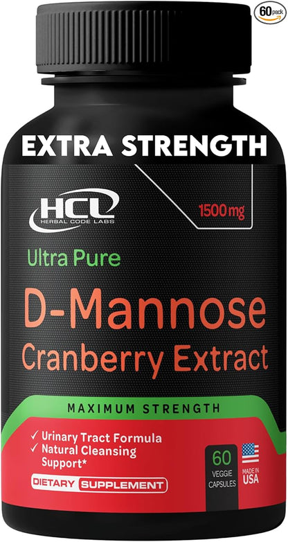 D-Mannose with Cranberry Extract Capsules 1500mg – High Potency USP Grade D-Mannose Supplement with Whole Fruit Cranberry Powder – Urinary Tract Support – Non-GMO 60 Capsules