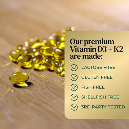 Vitamin D3 K2 Supplement | 5000 IU Vitamin D3 & 100 mcg Vitamin K2, 2 in 1 Vitamin D with K2 Complex Softgels, Support Immune, Heart, Joint, Teeth & Bone Health, Easy to Swallow, Non-GMO, 120 Softgels