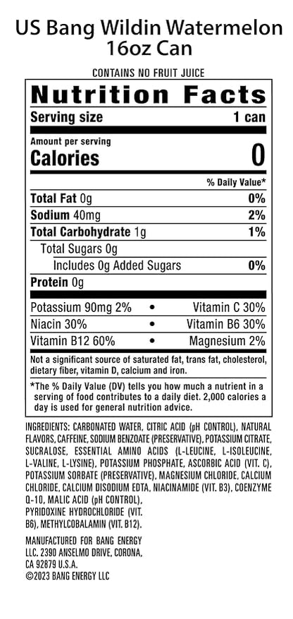 Bang Energy Wyldin’ Watermelon, Sugar-Free Energy Drink, 16-Ounce (Pack of 12)