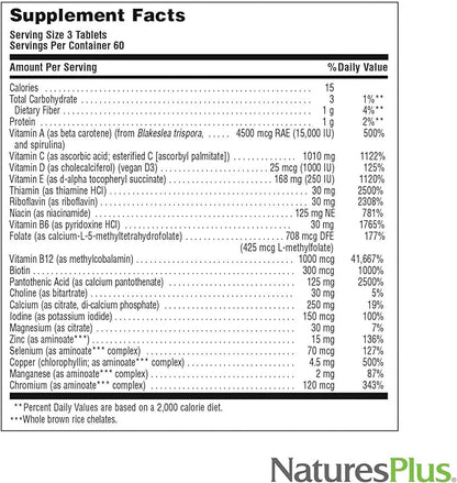 NaturesPlus Source of Life Gold Multivitamin - 180 Tablets - Blood Support, Bone Support, Healthy Immune System - Includes Vitamins D3, B12, K2 & Over 120 Whole Food Nutrients - 60 Servings