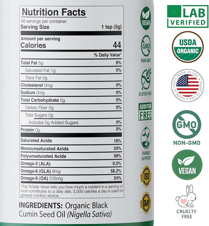 Mother Nature USDA Organic Black Seed Oil, High TQ 2%, Cold Pressed, Unrefined Nigella Sativa, Omega 3 6 9 for Immune, Joint & Heart Support, Hair & Skin, Non-GMO, Glass Bottle 8oz