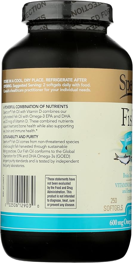 Spectrum Essentials Softgels, Fish Oil with Vitamin D, 1000 mg, 250 Count