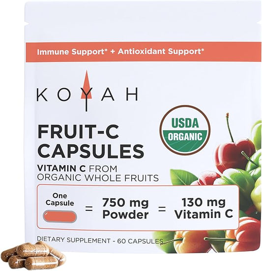 KOYAH Fruit-C Capsules, 130mg Natural Vitamin C from Organic Freeze-Dried Fruits (No Synthetic or Extracted Vitamin C), Whole-Food, Non-GMO, Vegan, 100% Pure. Immune & Antioxidant Support. 60 Capsules