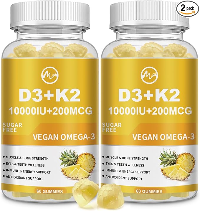 Vitamin D3 K2 Filled Gummies, Vitamin D3 10000IU, K2 (MK-7) 200mcg, Sugar Free K2 D3 Vitamin Supplement with Omega-3, Calcium, Magnesium, Zinc for Muscle, Bones & Immune Support, 2 Packs