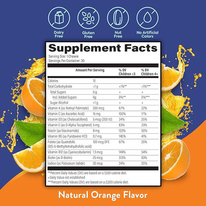 OmegaVia Sugar Free Kids Multivitamin Chewies - Daily Chewable Gummy Vitamins for Kids 3+, Vitamin A, C, D3, E, B6 & B12, Folate & More, Natural Orange Flavor, 30 Count