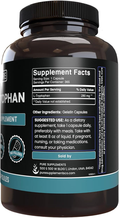 Pure Original Ingredients L-Tryptophan (365 Capsules) No Magnesium Or Rice Fillers, Always Pure, Lab Verified