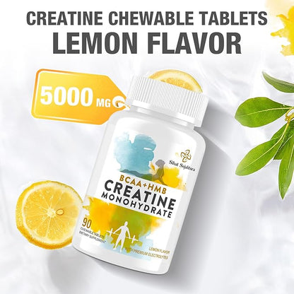 8-in-1 Creatine Monohydrate with BCAA & HMB, 5000 mg for Men & Women, Creatine Chews for Muscle, Recovery, Endurance & Strength, High Absorption, Lemon Flavor, Sugar-Free, 180 Tablets