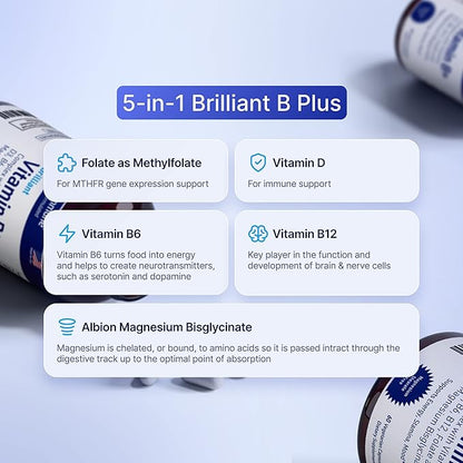 Vitamin B Complex with Vitamin D3 B12 B6 Magnesium Bisglycinate and Folate as Methylfolate - Doctor Formulated Methylated B Complex Supplement – 60 Capsules - Without Niacin