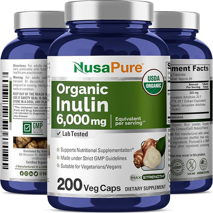 NusaPure Inulin Powder 20:1 Extract, 300 mg Equivalent to 6,000mg | 200 Veggie Capsules |USDA Organic and Non-GMO Supplement