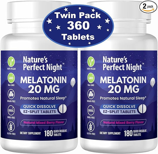 Nature's Perfect Night | Melatonin 20mg | 180 Quick Dissolve Tablets, 2-Pack | Natural Mixed Berry Flavor |High Potency | Sugar Free | Vegan | Gluten Free | 2 Count