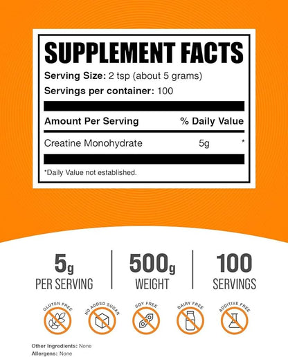 BulkSupplements.com Creatine Monohydrate Powder - Creatine Supplement, Micronized Creatine, Creatine Powder - Unflavored & Gluten Free, 5g (5000mg) per Servings, 500g (1.1 lbs) (Pack of 1)