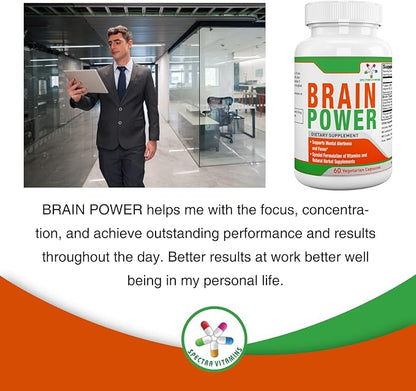Spectra Vitamins Brain Power, Supports Focus, Nootropics, Improves Memory, Alertness for Men & Women, Ginkgo Biloba, Gotu Kola, 60 Capsules,