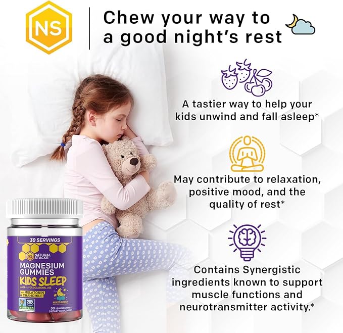 Natural Stacks Kids Sleep Magnesium Gummies with Melatonin - 100mg Magnesium Citrate - Melatonin Gummies for Sleep Quality - Nighttime Aid for Kids with Chamomile - 30 Mixed Berry Chewables