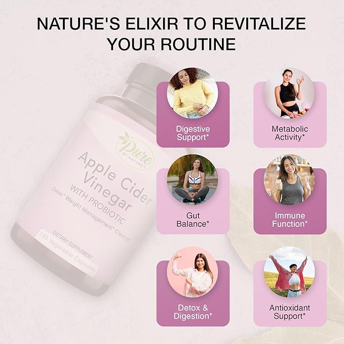 Pure By Nature Apple Cider Vinegar + Probiotic for Women & Men, Raw Apple Cider Vinegar Pills for Weight Management Support & Cleanse Support (120 Capsules)