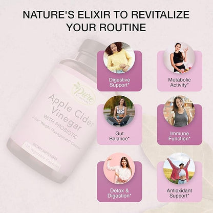 Pure By Nature Apple Cider Vinegar + Probiotic for Women & Men, Raw Apple Cider Vinegar Pills for Weight Management Support & Cleanse Support (120 Capsules)