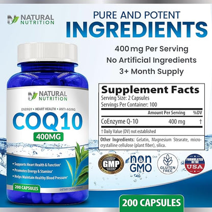 Natural Vitamin CoQ10 400mg 200 Capsules Maximum Strength High Absorption Gluten Free Non-GMO
