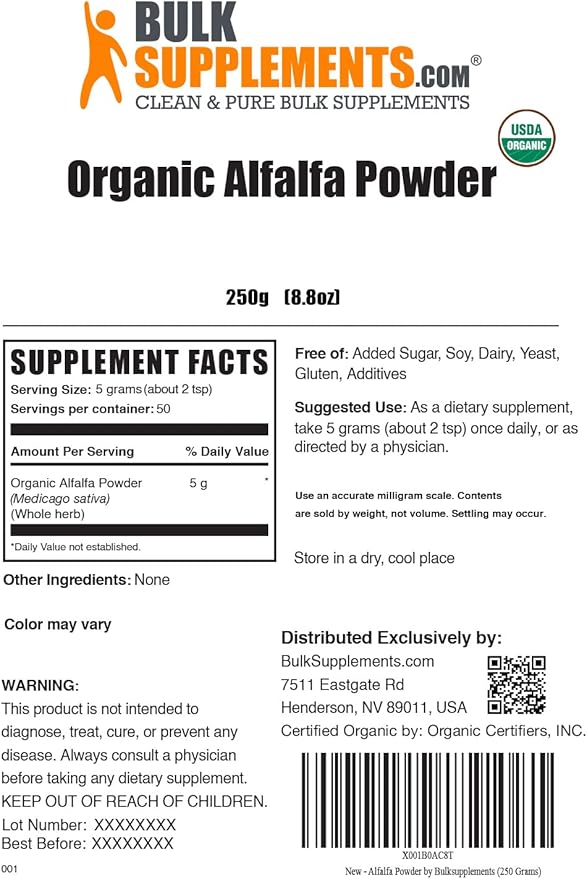 BulkSupplements.com Organic Alfalfa Grass Powder - Alfalfa Supplement, Green Superfood Powder, Alfalfa Powder Organic - Vegan & Gluten Free, 5g per Serving, 250g (8.8 oz) (Pack of 1)