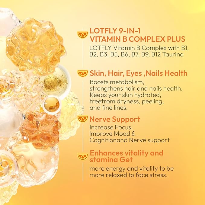 Vitamin B Complex with B1, B2, B3, B5, B6, B7, B9, B12 Taurine–Immune Support, Energy Metabolism and Nervous System – Super B Complex with Blood Orange Powder – 60 Tablets for Men & Women