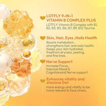Vitamin B Complex with B1, B2, B3, B5, B6, B7, B9, B12 Taurine–Immune Support, Energy Metabolism and Nervous System – Super B Complex with Blood Orange Powder – 60 Tablets for Men & Women