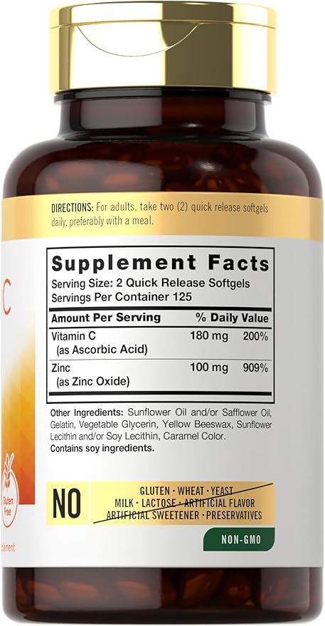 Carlyle Vitamin C with Zinc | 250 Softgels | Bioavailable | Ascorbic Acid | Zinc Oxide | Non-GMO and Gluten Free Supplement