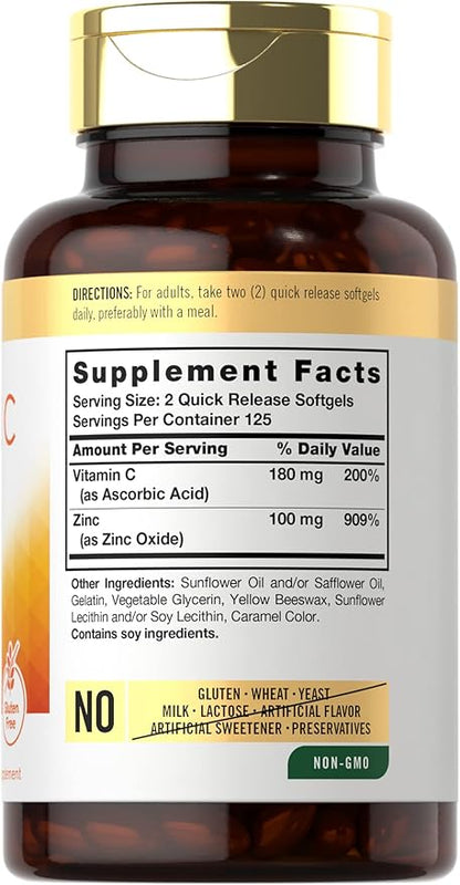 Carlyle Vitamin C with Zinc | 250 Softgels | Bioavailable | Ascorbic Acid | Zinc Oxide | Non-GMO and Gluten Free Supplement