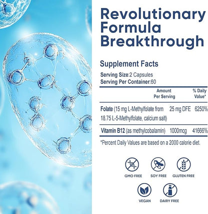 L Methylfolate 15 mg, with Methyl B12 & B6 Folate Supplement for Balanced Mood, Support Brain Health & Immune, 120 Capsules