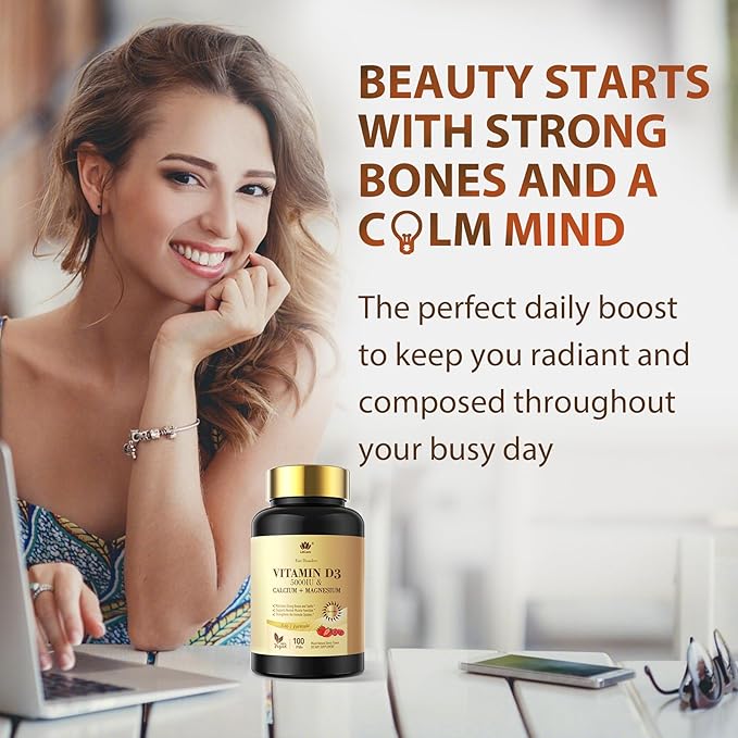 Fast Dissolve Vitamin D3 5000IU with Calcium & Magnesium - for Quick Nutrient Absorption-Sugar Free Chewable Supplement for Bones Strength, Teeth, Muscle, Immune Health,200 Fast Melt Tablets