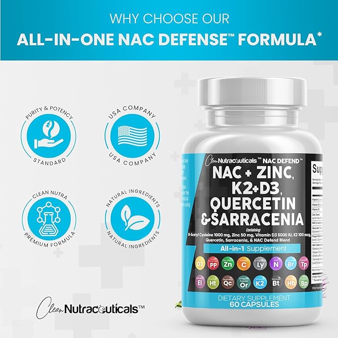NAC Supplement N-Acetyl Cysteine Vitamin D3 K2 Zinc Quercetin Sarracenia Purpurea Immune Support | Elderberry Holy Basil Bee Propolis Bromelain L-Lysine Capsules Supplements For Women Men Adults