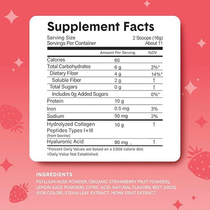 Bellway Super Fiber Powder + Collagen, Sugar-Free Psyllium Husk Powder with Collagen Peptides and Hyaluronic Acid for Gut Health, Healthy Skin, Nails, Bones & Joints, Strawberry Lemonade (11 Servings)