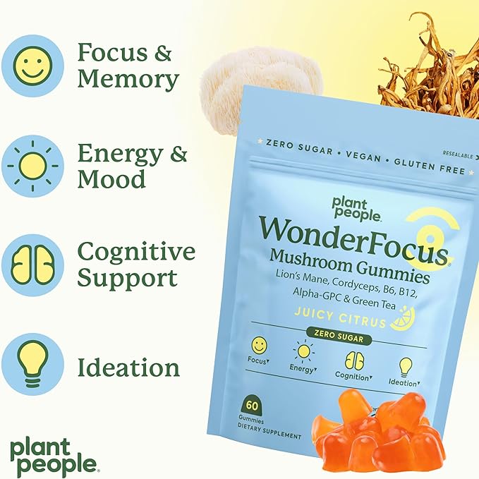 Plant People WonderFocus Mushroom Gummies with Lion’s Mane & Cordyceps - Nootropic Brain Supplement Boosts Memory, Focus, Energy & Mood in Adults | No Sugar, 100% Vegan, Citrus Flavor, 60 Count