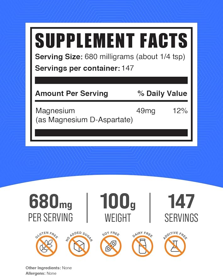 BulkSupplements.com Magnesium D-Aspartate Powder - Magnesium Supplement, High Absorption Magnesium - Gluten Free, 680mg (49mg of Magnesium) per Serving, 100g (3.5 oz) (Pack of 1)