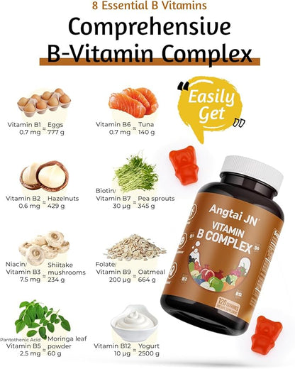 Vitamin B Complex Gummies for Adult - 120 Count, Apple Flavor, Chewable Supplement with 8 Essential B Vitamins (B1, B2, B3, B5, B6, B7, B9, B12) - Vegan, Supports Energy, Metabolism & Overall Health