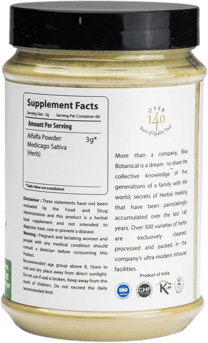 bixa BOTANICAL Ayurvedic Natural Herbal Supplement Alfalfa Powder Pure (Medicago Sativa),Green Superfood | 7 Oz / 200g