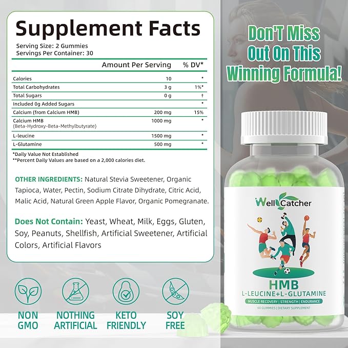 HMB And Leucine Supplements Gummies: HMB Supplements for Men Women with Leucine Amino Acid L-Glutamine Support Muscle Growth Relief Fast Workout Recovery Sugar Free Vegan Apple Flavor 30 Day Supply